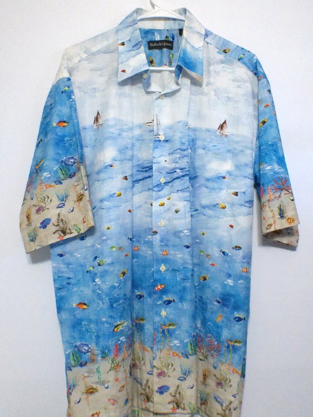 Bullock & Jones Shirt Men Large Ocean Print Fish Beach Hawaiian Button Up Short